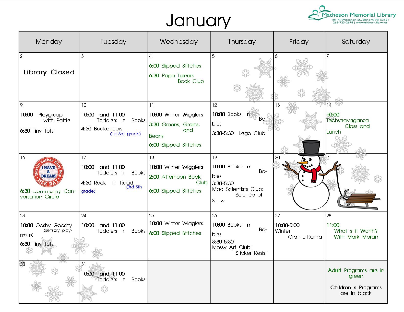 The January/February Library Calendar of Events is now Available